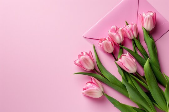 Mother's Day concept. Photo of a bouquet of pink tulips and an envelope