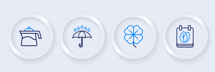 Set line Calendar with autumn leaves, Four leaf clover, Umbrella and rain drops and Teapot icon. Vector