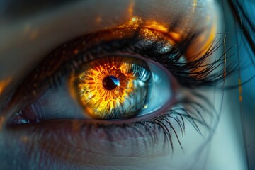 A close-up beautiful eye of a female person. burning glowing fire in the eye iris. Ai generative