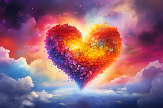 rainbow love apk colorful heart shaped clouds sky wallpapers, in the style of psychedelic artwork, digitally manipulated images, dreamy and romantic compositions