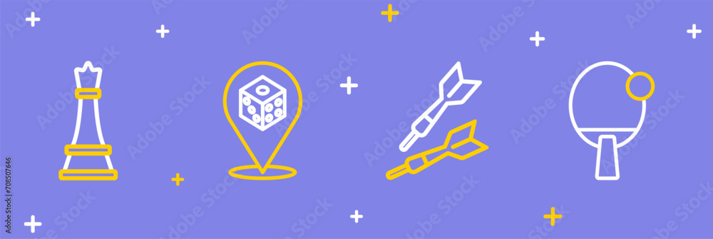Poster set line racket, dart arrow, game dice and chess icon. vector