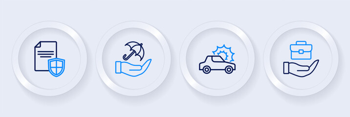 Set line Hand holding briefcase, Car insurance, Umbrella hand and Contract with shield icon. Vector