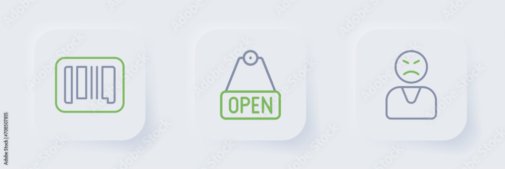Poster set line angry customer, hanging sign with text open and barcode icon. vector