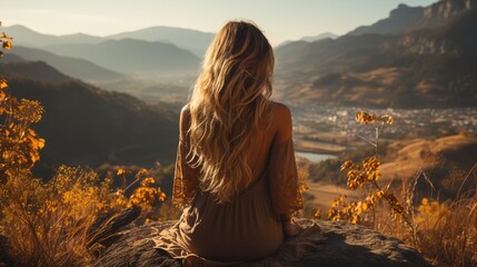 Young woman with long blond hair sitting on a rock and looking at the sunset - obrazy, fototapety, plakaty