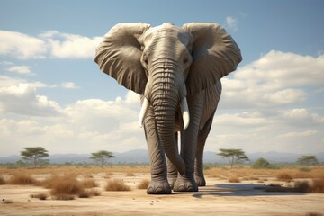 Fototapeta na wymiar Closeup portrait elephant on blue sky background looking down