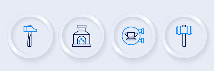 Set line Sledgehammer, Blacksmith anvil tool, oven and Hammer icon. Vector
