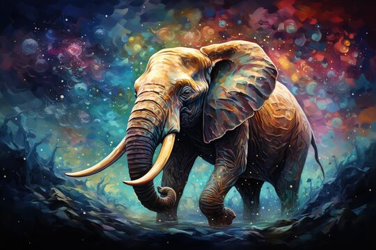 abstract illustration of an elephant walking on a psychedelic, brush stroked blue and purple background