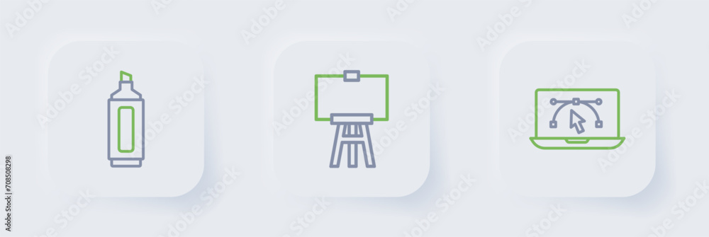 Poster set line computer with design program, wood easel and marker pen icon. vector