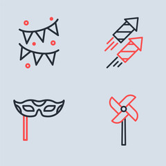 Set line Firework rocket, Festive mask, Pinwheel toy and Carnival garland with flags icon. Vector