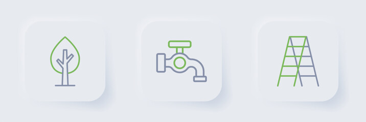Set line Wooden staircase, Water tap and Tree icon. Vector