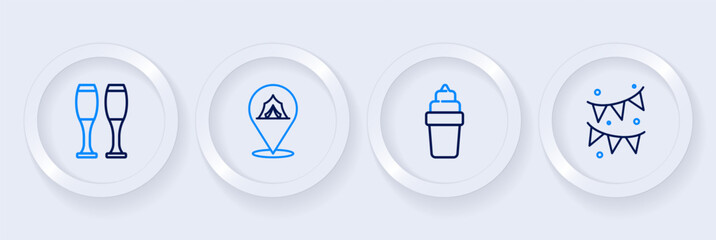 Set line Carnival garland with flags, Ice cream in waffle, Circus tent and Bowling pin icon. Vector