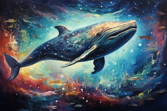 abstract illustration of a whale floating on a psychedelic, brush stroked bright blue, orange and purple background