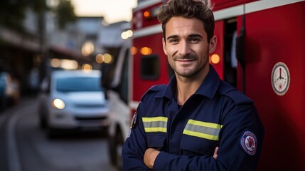 Portrait of a smiling male paramedic in uniform standing in front of an ambulance