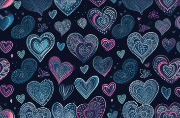 Hand drawn hearts and love signs romantic seamless pattern. Isolated drawn monochrome repeating patterns on a dark background. Cute doodle heart style seamless pattern on dark background