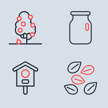 Set line Glass jar with screw-cap, Bird house, Seeds of specific plant and Fruit tree icon. Vector