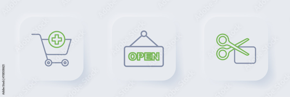 Poster Set line Scissors cuts discount coupon, Hanging sign with text Open and Add to Shopping cart icon. Vector