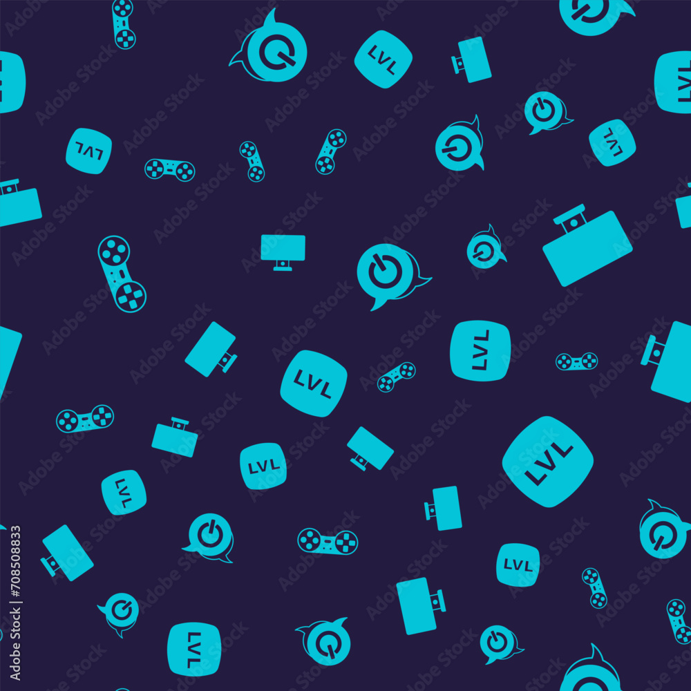 Aufkleber set game controller or joystick, computer monitor, power button and level game on seamless pattern. 