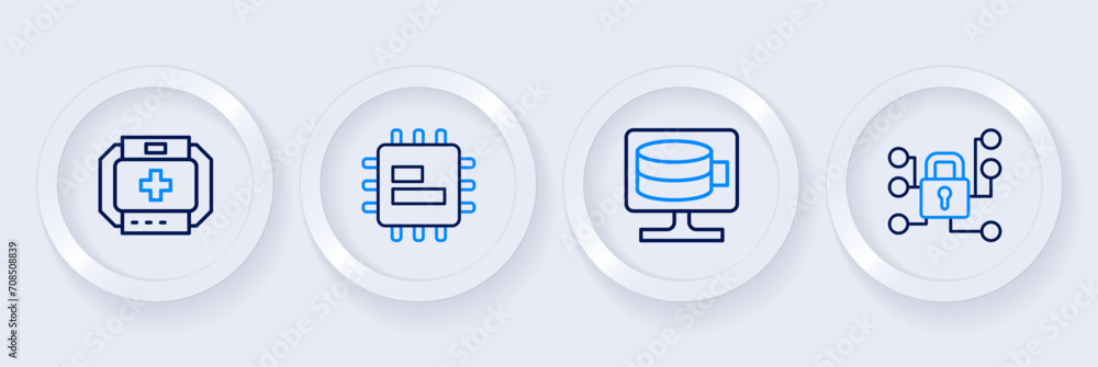 Poster set line cyber security, cloud database, processor cpu and first aid kit icon. vector