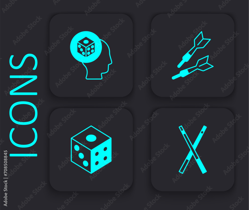 Poster set crossed billiard cues, game dice, dart arrow and icon. black square button. vector
