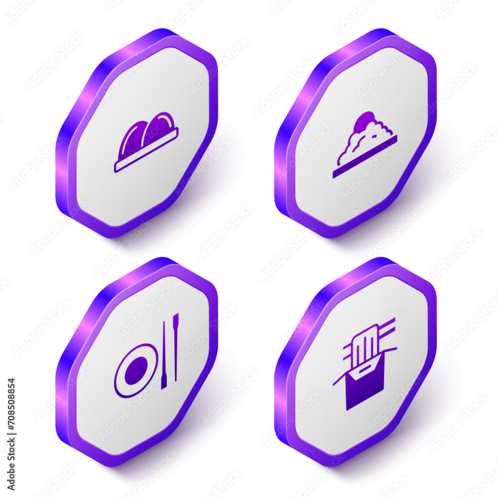 Wall mural Set Isometric Sushi, Rice in a bowl, Food chopsticks with plate and Asian noodles paper box icon. Purple hexagon button. Vector