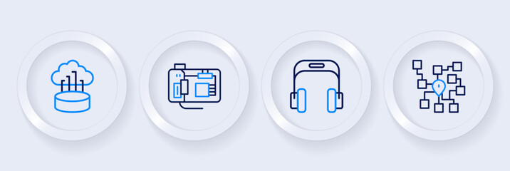 Set line Neural network, Headphones, Motherboard and Network cloud connection icon. Vector