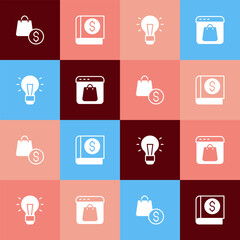 Set pop art shopping bag and dollar, Financial book, Light bulb and Online on screen icon. Vector
