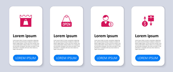 Set Tax cardboard box, Buyer, Hanging sign with text Open and Shopping day. Business infographic template. Vector