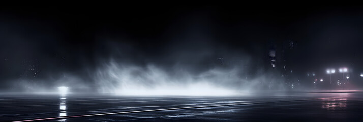 Obraz premium Wet asphalt, reflection of neon lights, a searchlight, smoke. Abstract light in a dark empty street with smoke, smog. Dark background scene of empty street, night view, night city.