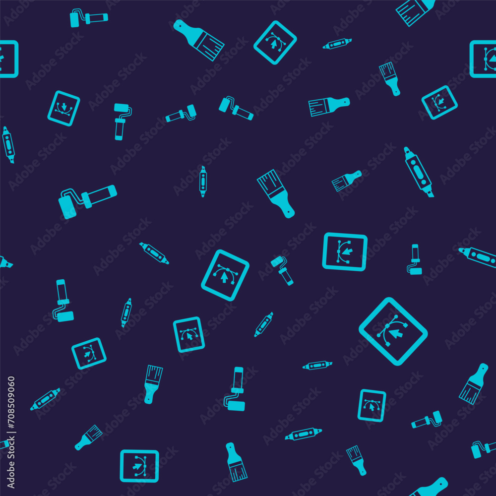 Poster set paint roller brush, marker pen, and computer with design program on seamless pattern. vector