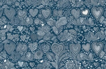 Hand drawn hearts and love signs romantic seamless pattern. Isolated drawn monochrome repeating patterns on a dark background. Cute doodle heart style seamless pattern on dark background