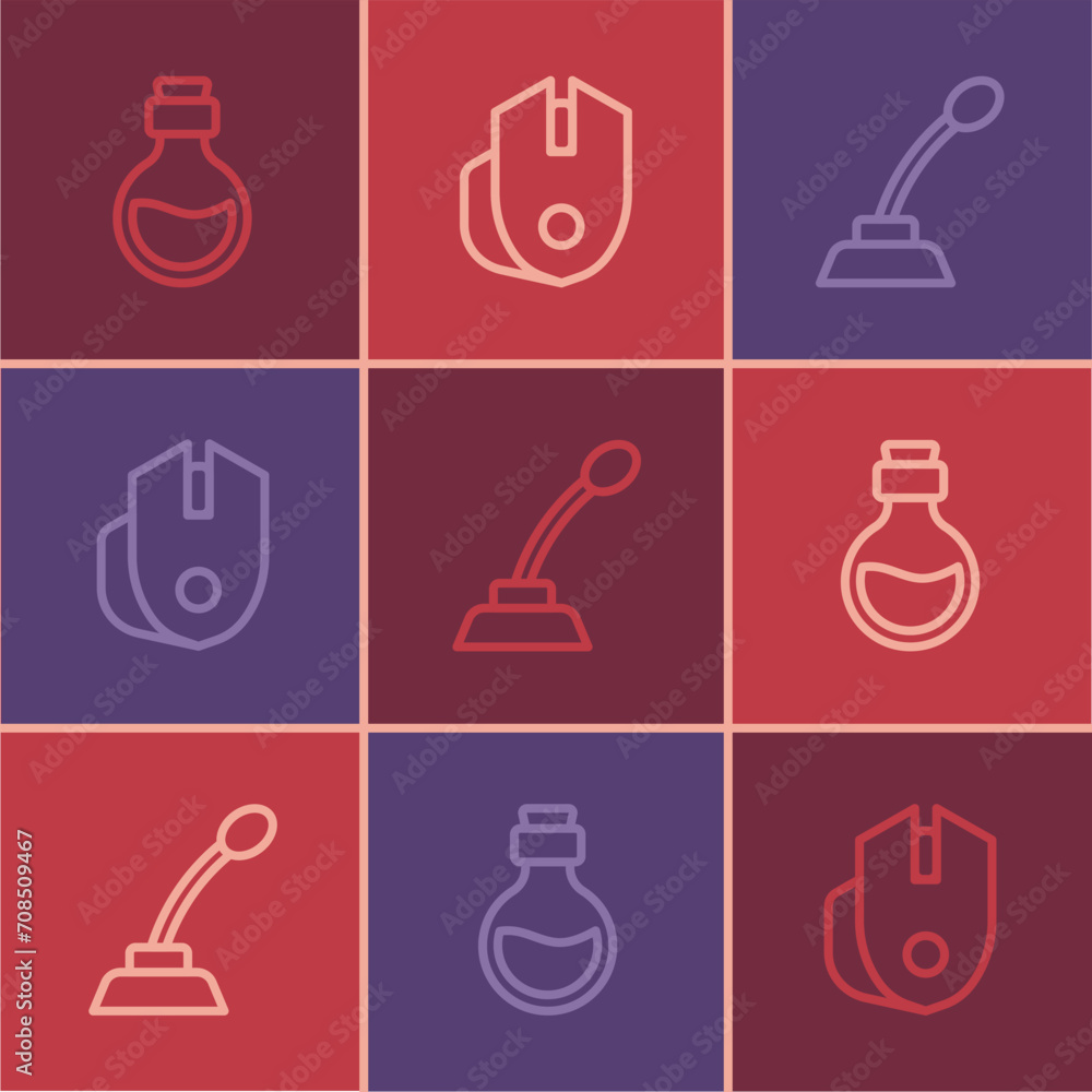 Poster set line bottle with magic elixir, microphone and computer mouse icon. vector