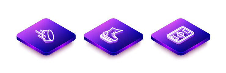 Set Isometric line Hockey puck, Skates and Football field icon. Vector