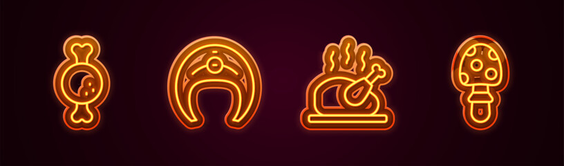 Set line Chicken leg, Fish steak, Roasted turkey or chicken and Fly agaric mushroom. Glowing neon icon. Vector - obrazy, fototapety, plakaty