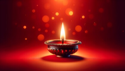 Beautiful burning diya lamp with red bokeh lights.