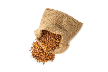 Raw buckwheat in burlap isolated on white background.Wheat grains, porridge, cereal, raw buckwheat in a plate. Healthy food. Porridge. Diet. Organic cerea. Space for text.Copy space.
