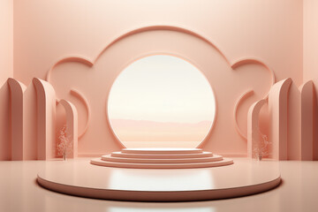 Peach color podium with round window in background, stand to show cosmetic products. Minimal abstract stage with platform in studio. Concept of display, scene, pedestal, beauty - obrazy, fototapety, plakaty