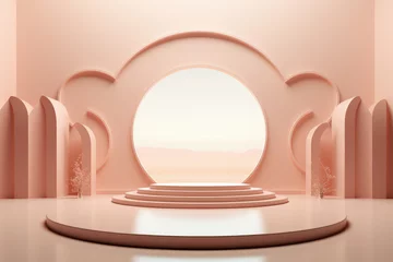 Fotobehang Peach color podium with round window in background, stand to show cosmetic products. Minimal abstract stage with platform in studio. Concept of display, scene, pedestal, beauty © karina_lo