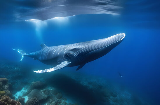 Underwater photography of a whale in the depths of the ocean. 
