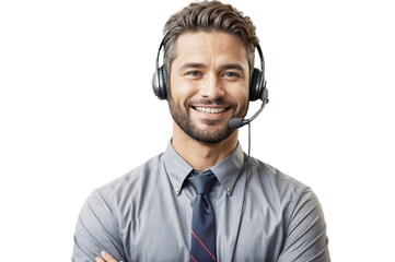 Smiling man  while wearing the headphones  ,Customer service professional in a call center ,portrayed in a PNG image Ideal for technical support, contact us, and consultant agent visuals, isolated - obrazy, fototapety, plakaty