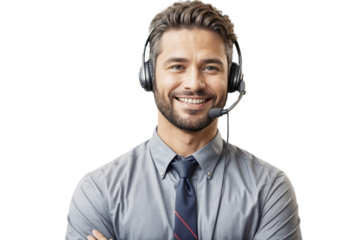 Smiling man  while wearing the headphones  ,Customer service professional in a call center ,portrayed in a PNG image Ideal for technical support, contact us, and consultant agent visuals, isolated