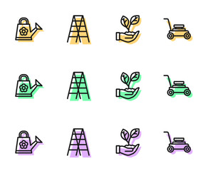 Set line Leaf in hand, Watering can, Wooden staircase and Lawn mower icon. Vector