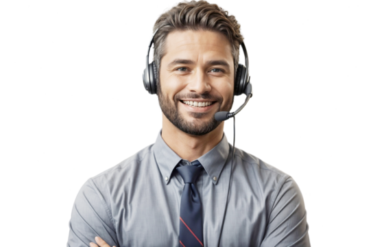 Smiling man  while wearing the headphones  ,Customer service professional in a call center ,portrayed in a PNG image Ideal for technical support, contact us, and consultant agent visuals, isolated