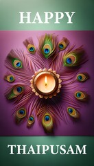 Happy thaipusam purple background with diya lamp and peacock feathers.