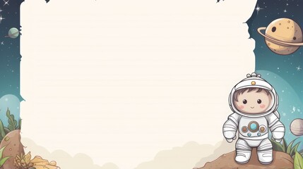 Fototapeta premium Children's cartoon text copy space greeting card template with astronaut theme