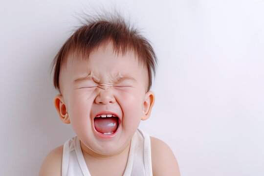 A closeup photo of a cute little baby boy child crying. Ai generative