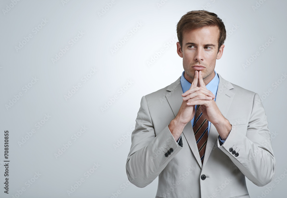 Aufkleber business man, thinking and planning in studio, brainstorming and problem solving by white background