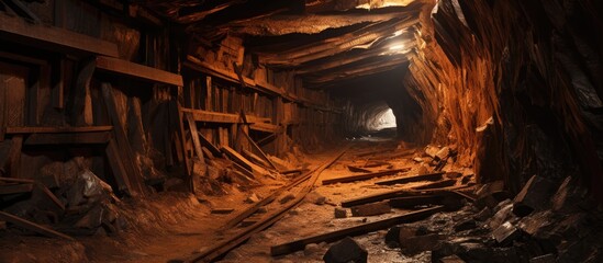 Collapsed wooden timbering in underground tunnel of abandoned copper ore mine.
