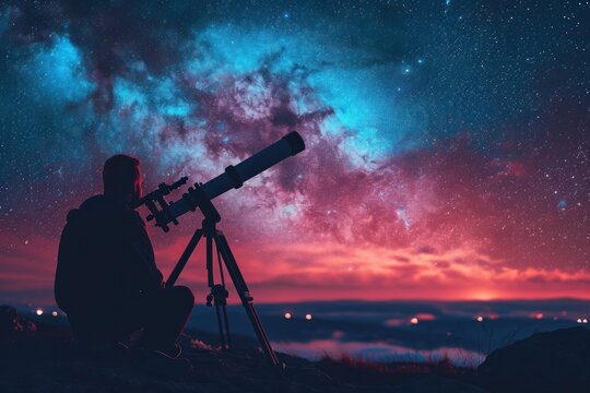 A guy sitting outside and looking through a big telescope at the night sky full of stars. Ai generative