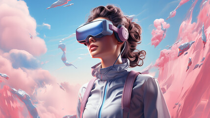 Metaverse concept, young woman wearing vr headset smiling playing and watching online. like cyberpunk - obrazy, fototapety, plakaty