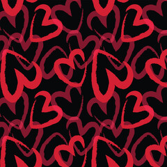 Seamless romantic pattern with hand drawn red hearts. Colorful doodle hearts on red background. Ready template for design, postcards, print, poster, party, Valentine's day, vintage textile. Vector.